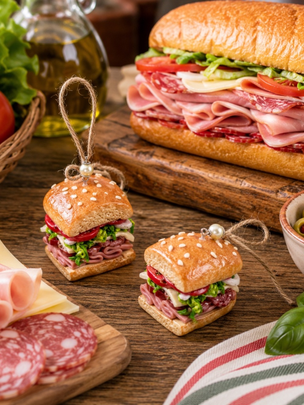 Ham, Salami & Cheese Sandwich Ornament | Handmade Italian Deli Sub Ornament